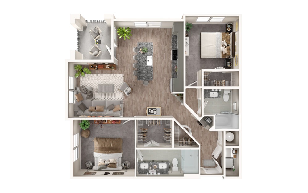 B3 - 2 bedroom floorplan layout with 2 bathrooms and 1154 square feet